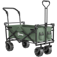 Outsunny Folding Trolley Cart Storage Wagon Beach Trailer 4 Wheels with Handle Overhead Canopy Cart Push Pull for Camping, Green