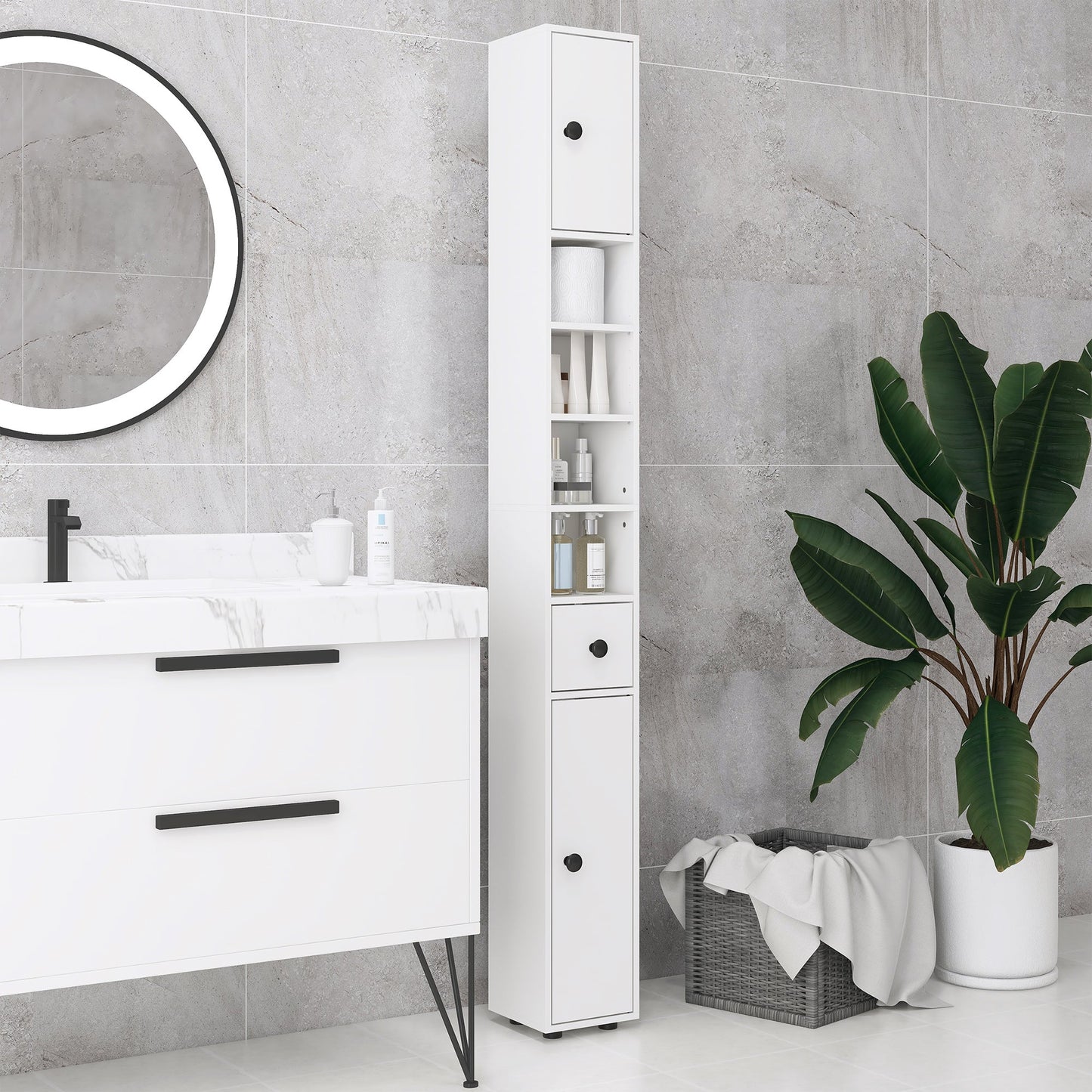 kleankin 180cm Tall Bathroom Cabinet, Slim Bathroom Storage Cabinet with 4 Open Shelves, 2 Door Cupboards and Adjustable Shelves, White