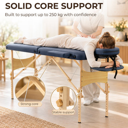 HOMCOM Portable Massage Bed, Folding Spa Beauty Massage Table with 2 Sections, Carry Bag and Wooden Frame, Dark Blue