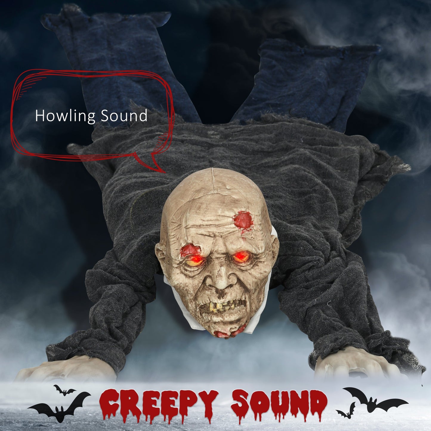 HOMCOM 5.2ft Life Size Outdoor Halloween Decoration Crawling Zombie, Animated Prop Decor with Sound and Motion Activated, Light Up Eyes, Howling Sound, Posable Arms