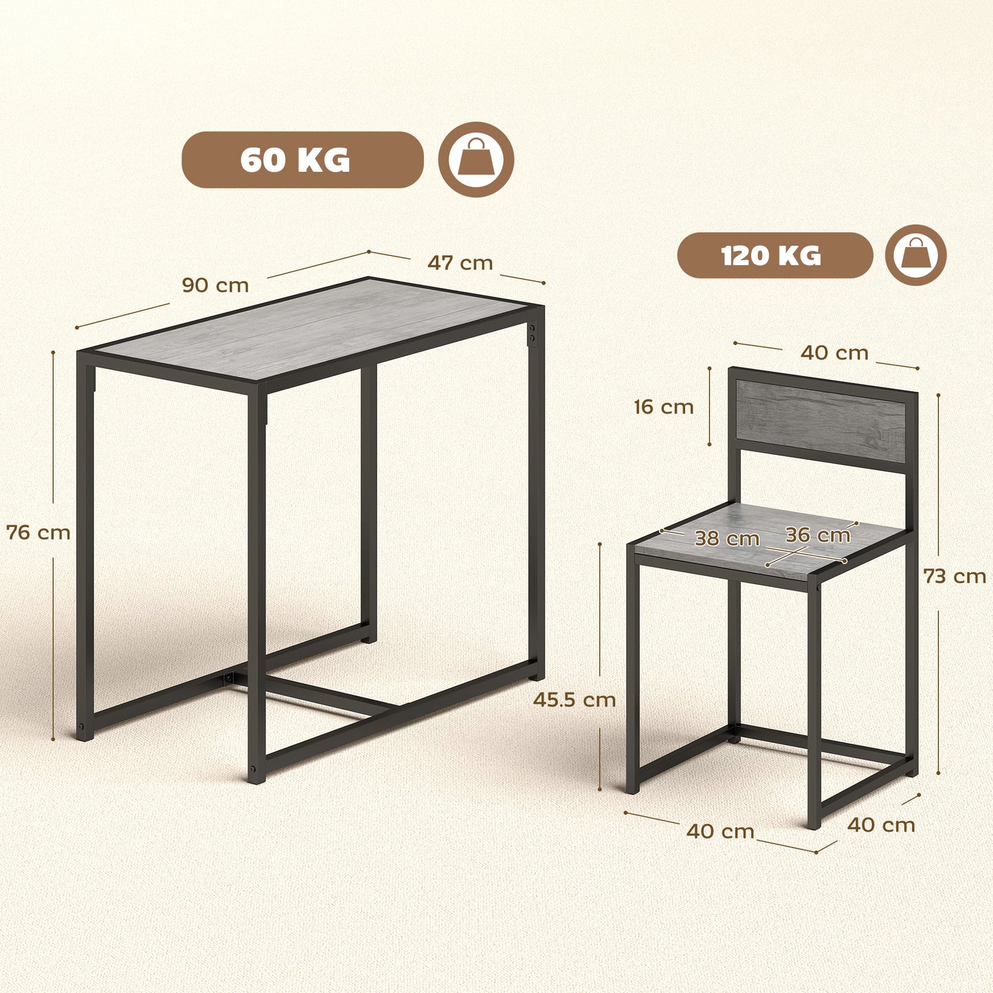 HOMCOM 3 Piece Table Stool Set - Charcoal Grey Wood-Effect