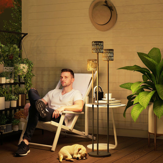 Outsunny Boho Rattan Floor Lamp, 3-Lights Rattan Lamp with Shelf, Freestanding Solar Garden Light with Auto On/Off Lights, Grey