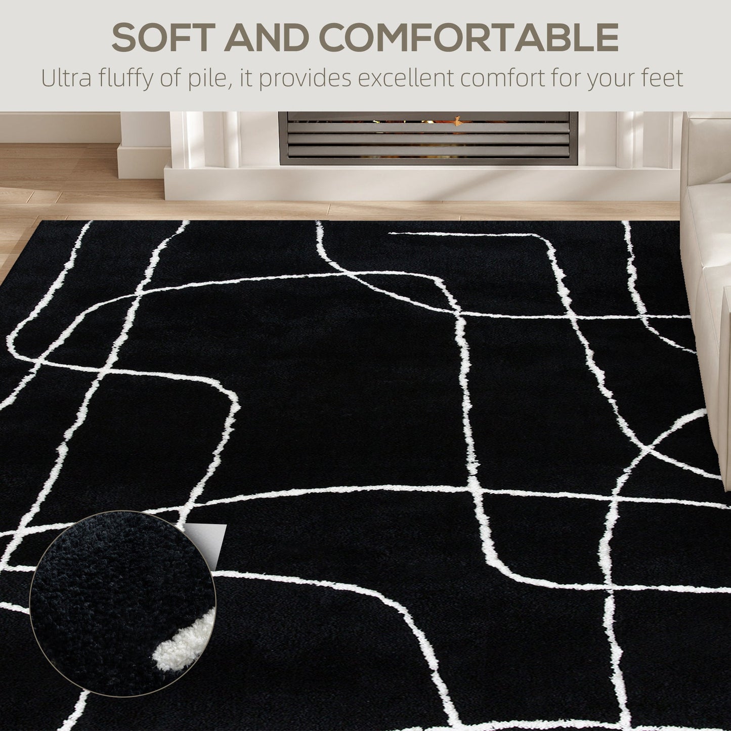 HOMCOM Modern Fluffy Area Rug, Geometric Pattern Washable Rug, Soft High Pile Floor Carpet for Living Room, Bedroom, Dining Room, Home Office, 170 x 120 cm, Black