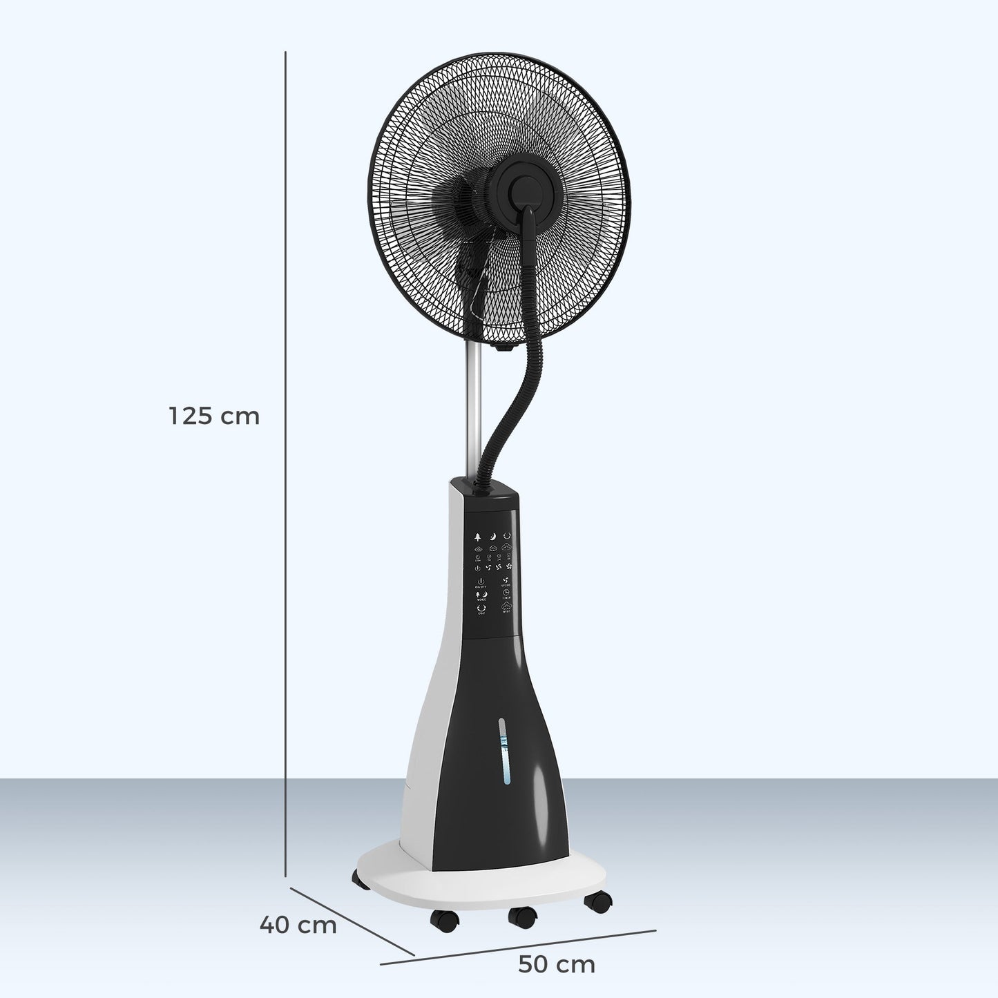 HOMCOM Pedestal Fan with Water Mist Spray, Spray Misting Fan with 75 Oscillation, Remote Control, Tilt Head, 3 Speeds, 3 Modes, 3 Mist, 3L Water Tank, Wheels, for Home, 125 cm