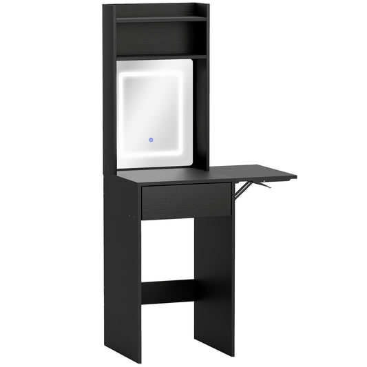 HOMCOM Small Vanity Desk with Mirror and LED Lights, Compact Dressing Table with Drop Leaf, Open Shelves and Drawer, Black