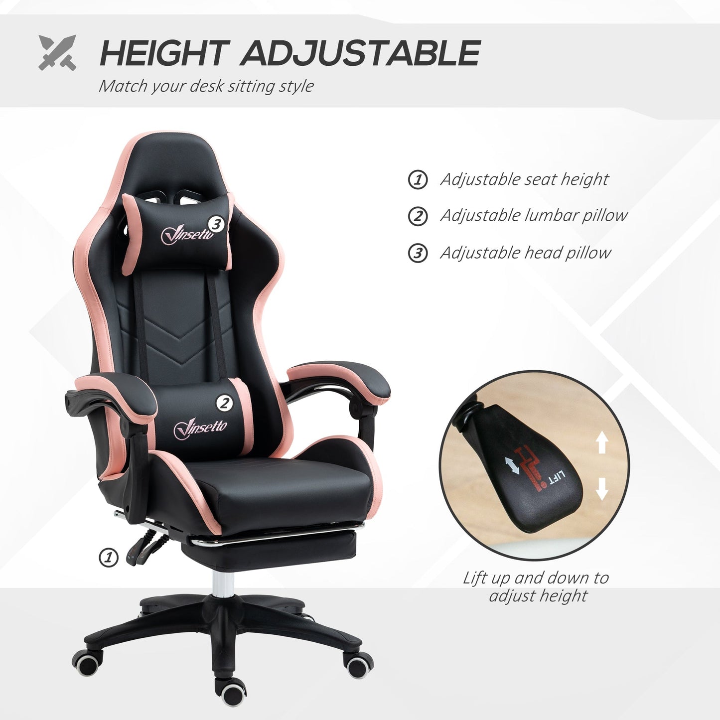 Vinsetto Computer Gaming Chair, PU Leather Office Desk Chair with Footrest, Swivel Wheels, 135 Reclining Back, Lumbar Support, Headrest for Home, Black and Pink