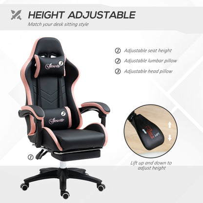 Vinsetto Computer Gaming Chair, PU Leather Office Desk Chair with Footrest, Swivel Wheels, 135 Reclining Back, Lumbar Support, Headrest for Home, Black and Pink