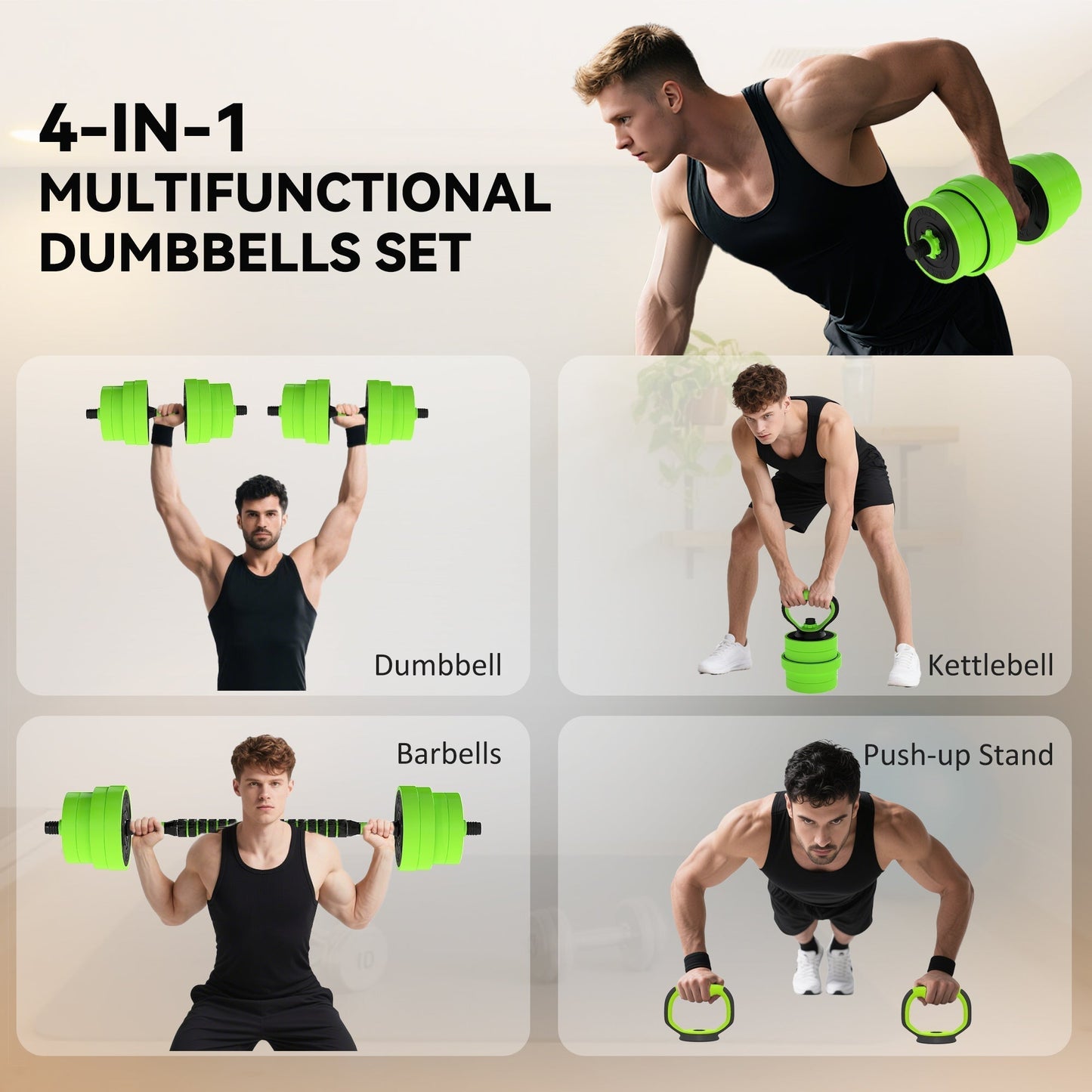 SPORTNOW 30kg Four-In-One Adjustable Weight Dumbbells Set, Barbell, Kettlebell, Push Up Stand - Green