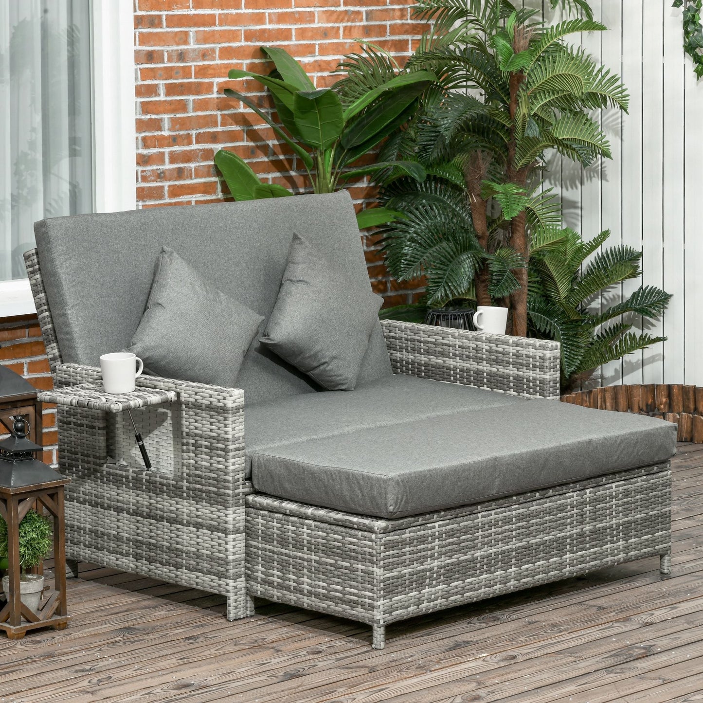 Outsunny Rattan Garden Daybed, Assembled Double Sun Lounger with 5-Level Adjustable Back, Storage Ottoman, Cushions, Pillows and Retractable Trays, Outdoor Loveseat Sofa Bed for Patio, Mixed Grey