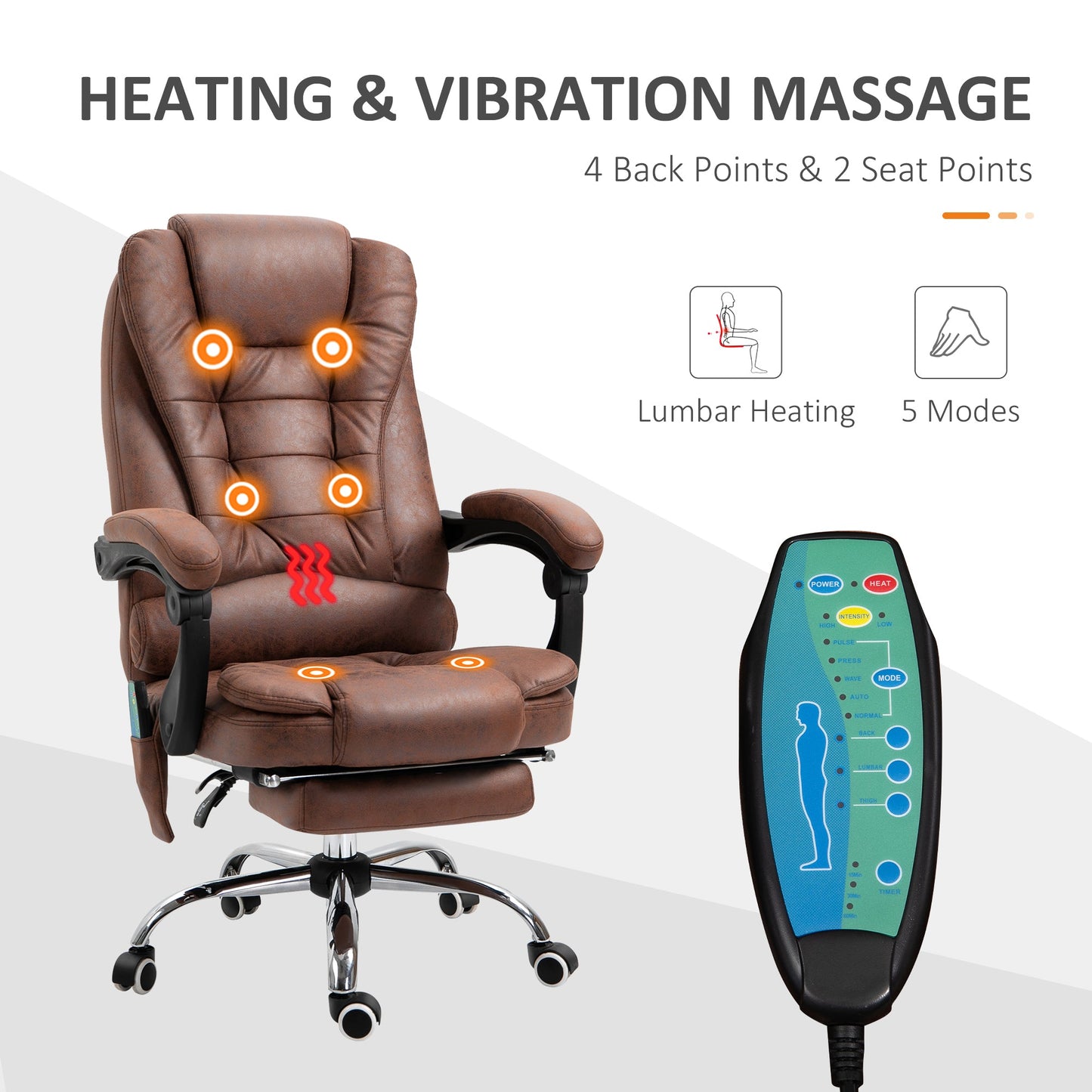 Vinsetto Heated 6 Points Vibration Massage Executive Office Chair Adjustable Swivel Ergonomic High Back Desk Recliner & Footrest - Brown