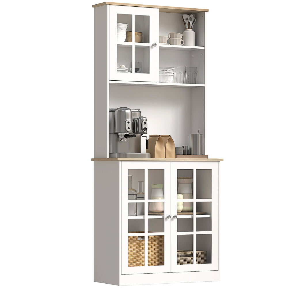 HOMCOM Freestanding Kitchen Cupboard, Tall Storage Cabinet with Doors and Adjustable Shelves, Counter Top, Grid Glass Doors, 80L x 37W x 183H cm - White