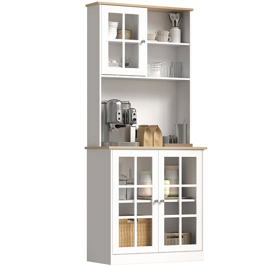 HOMCOM Freestanding Kitchen Cupboard, Tall Storage Cabinet with Doors and Adjustable Shelves, Counter Top, Grid Glass Doors, 80L x 37W x 183H cm - White