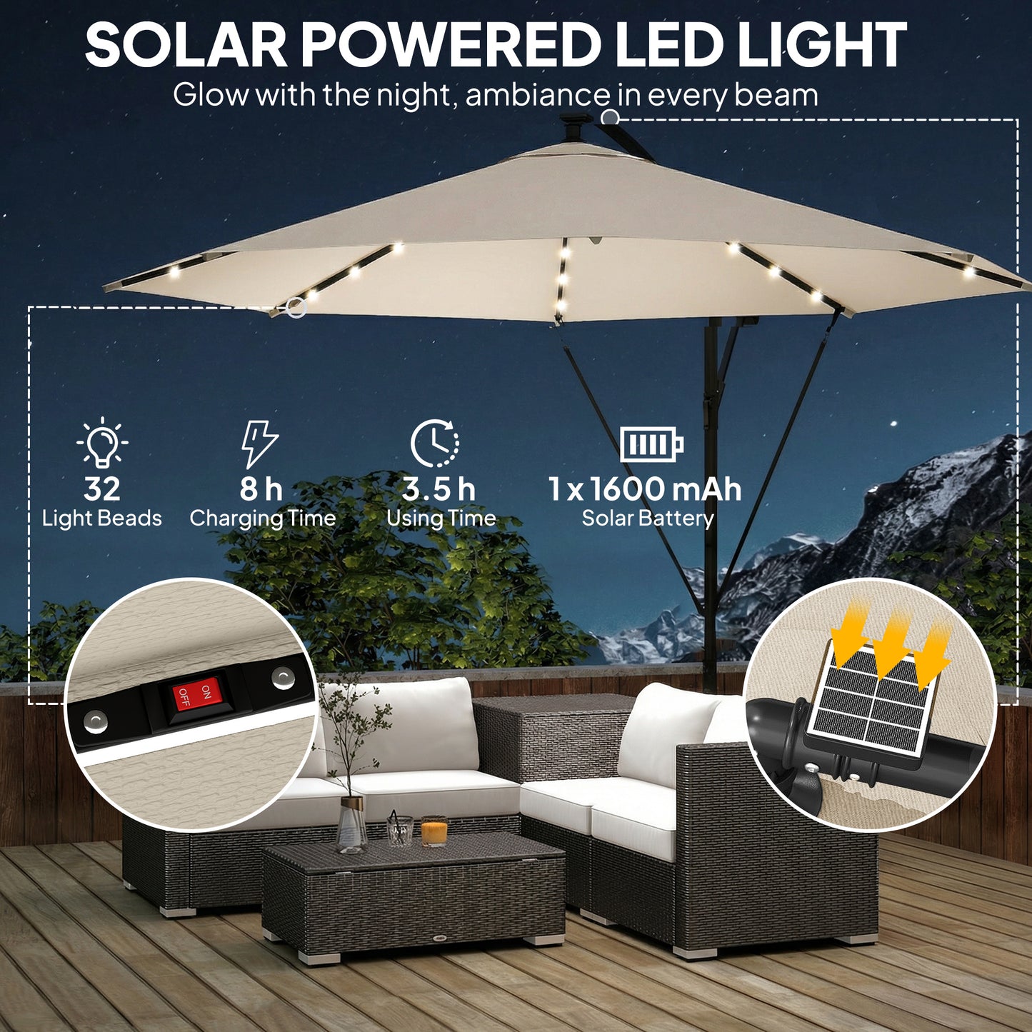 Outsunny 3 m Cantilever Parasol with Solar LED Lights Garden Umbrella with Cross Base, Cream White