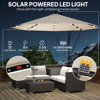 Outsunny 3 m Cantilever Parasol with Solar LED Lights Garden Umbrella with Cross Base, Cream White