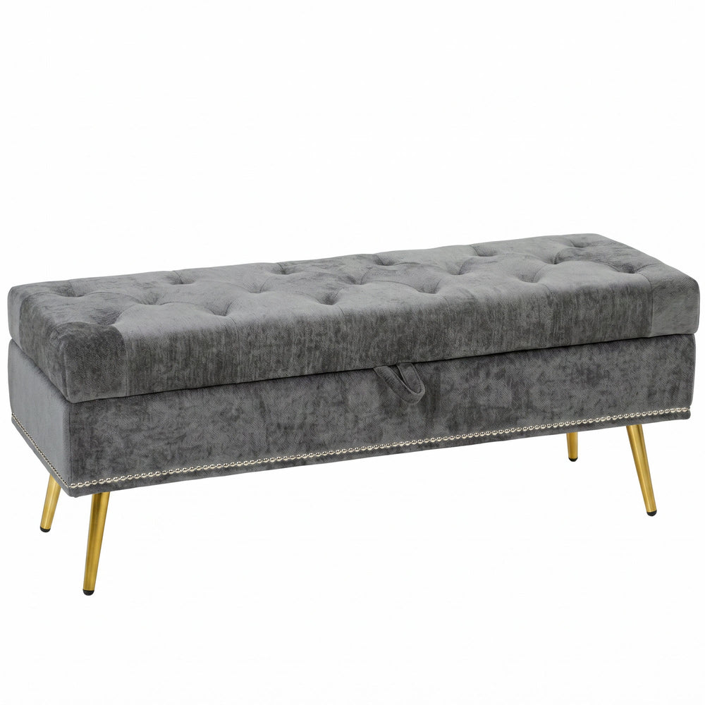 HOMCOM Storage Ottoman, Chenille Upholstered Ottoman Storage Box with Padded Seat, Metal Legs, 114 x 41 x 45 cm, Grey