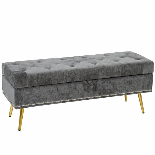 HOMCOM Storage Ottoman, Chenille Upholstered Ottoman Storage Box with Padded Seat, Metal Legs, 114 x 41 x 45 cm, Grey
