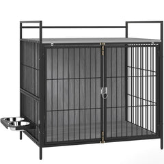 PawHut Dog Crate Furniture with Rotating Bowl Holder, 2 Bowls, 2 Doors, for Medium Dogs, 80 x 56 x 76.5 cm, Grey