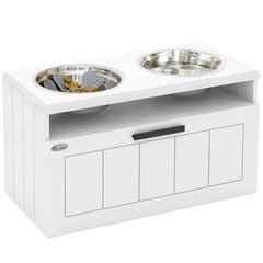 PawHut Raised Dog Bowl with Slow Feeder, Two Stainless Steel Dog Bowls, Drawer, for Large and Extra Large Dogs, White