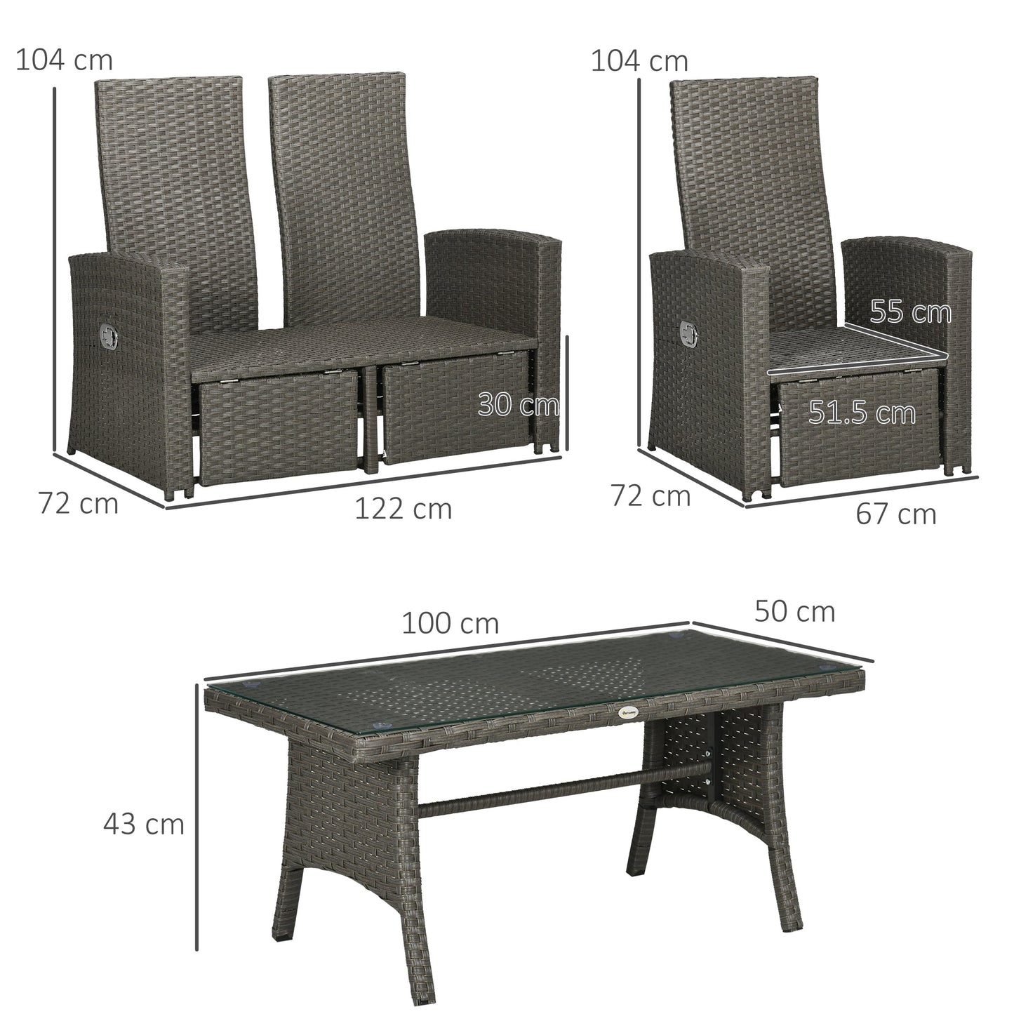 Outsunny 4 Piece Rattan Garden Furniture Sets, 4 Seater Outdoor Sofa Sectional with Wicker Sofa, Reclining Armchair and Glass Table for Yard, Poolside, Grey