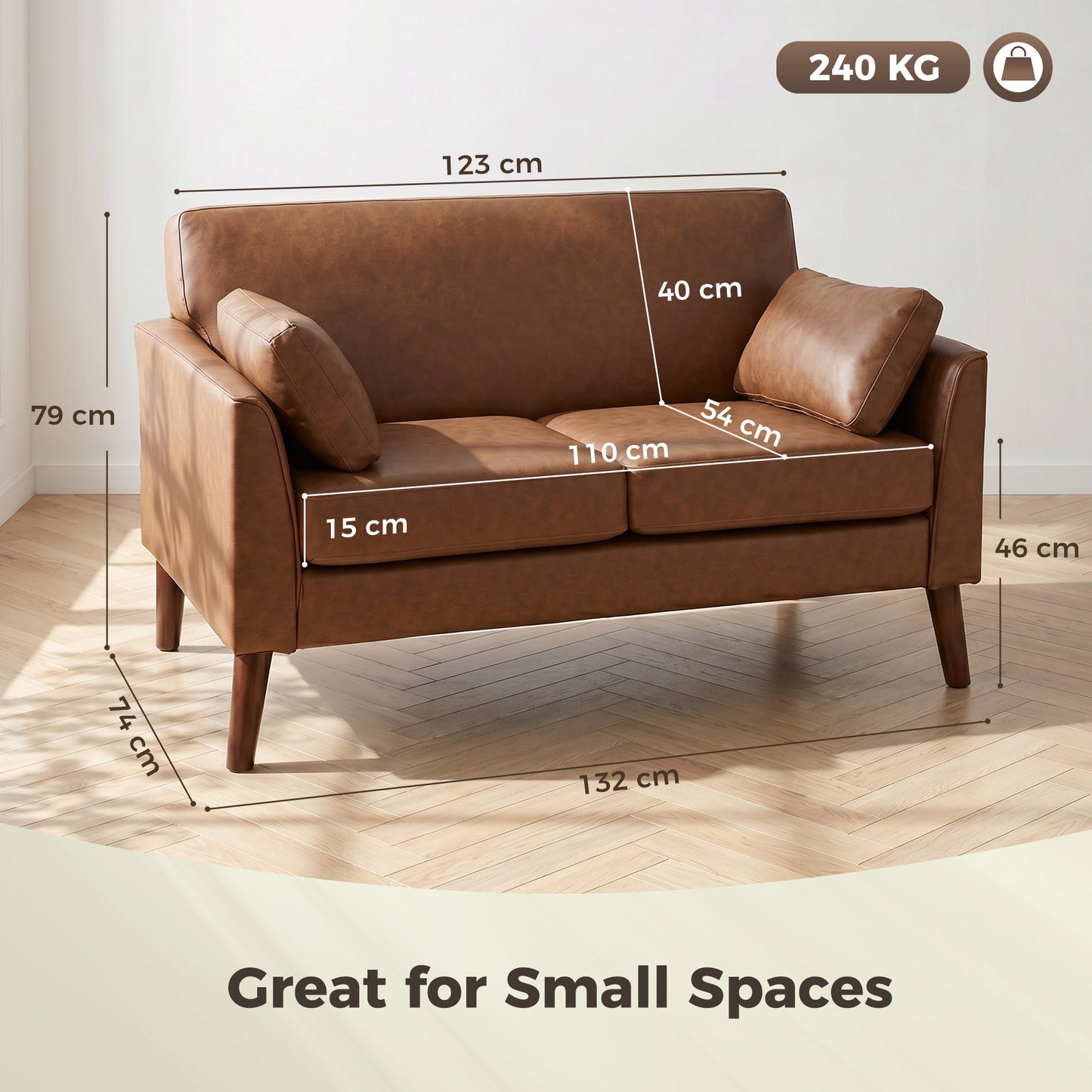 HOMCOM 2 Seater Sofa, 132 cm Modern Small Sofa with Solid Wood Legs and 2 Pillows for Small Space, Brown