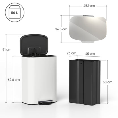 HOMCOM 50L Kitchen Bin with Soft-Close Lid and Stay-Open Function, Stainless Steel Pedal Bin with Removable Inner Bucket, Carry Handle for Kitchen, Office, Home, Cream