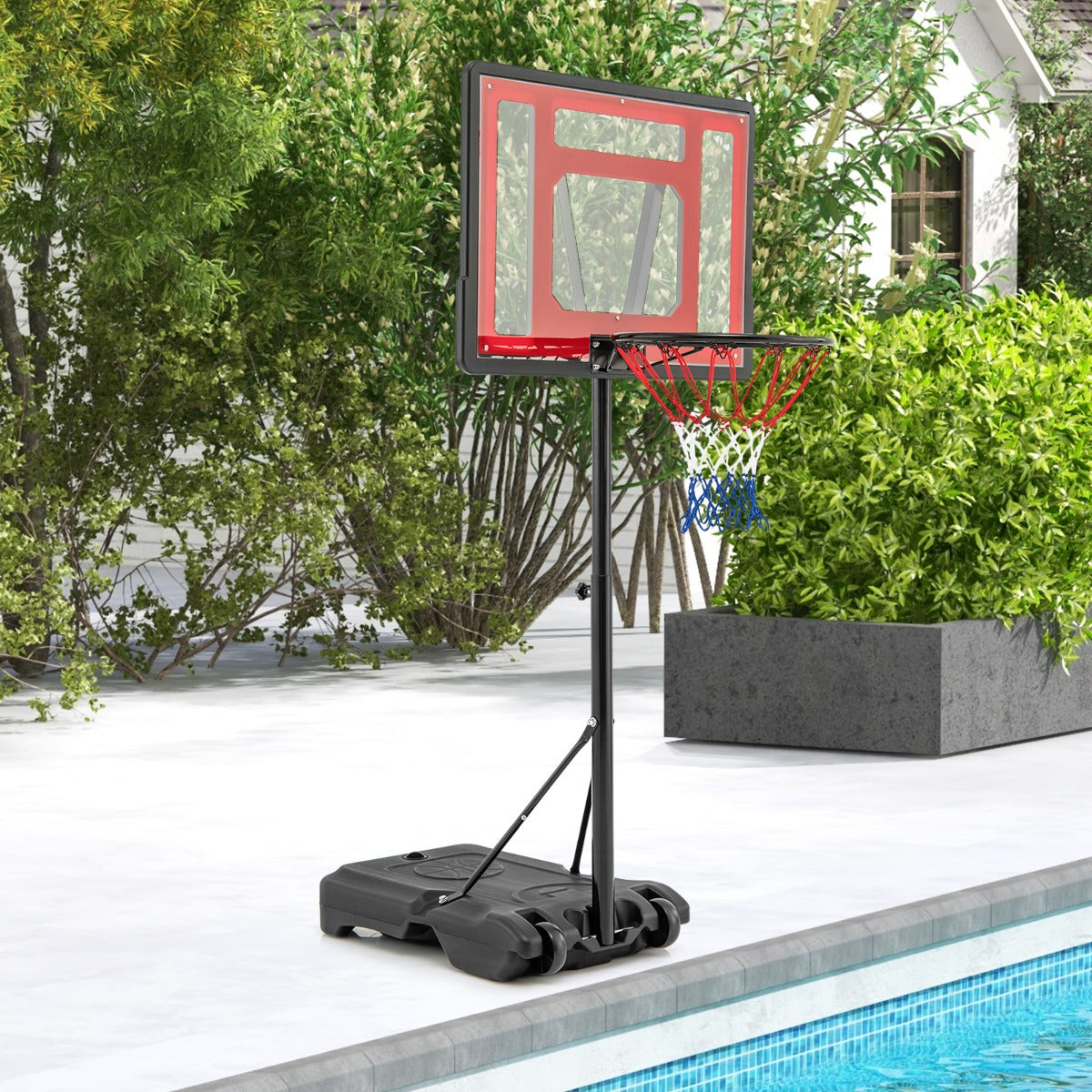 Swimming Pool Basketball Hoop Adjustable with Fillable Base and Wheels-Red