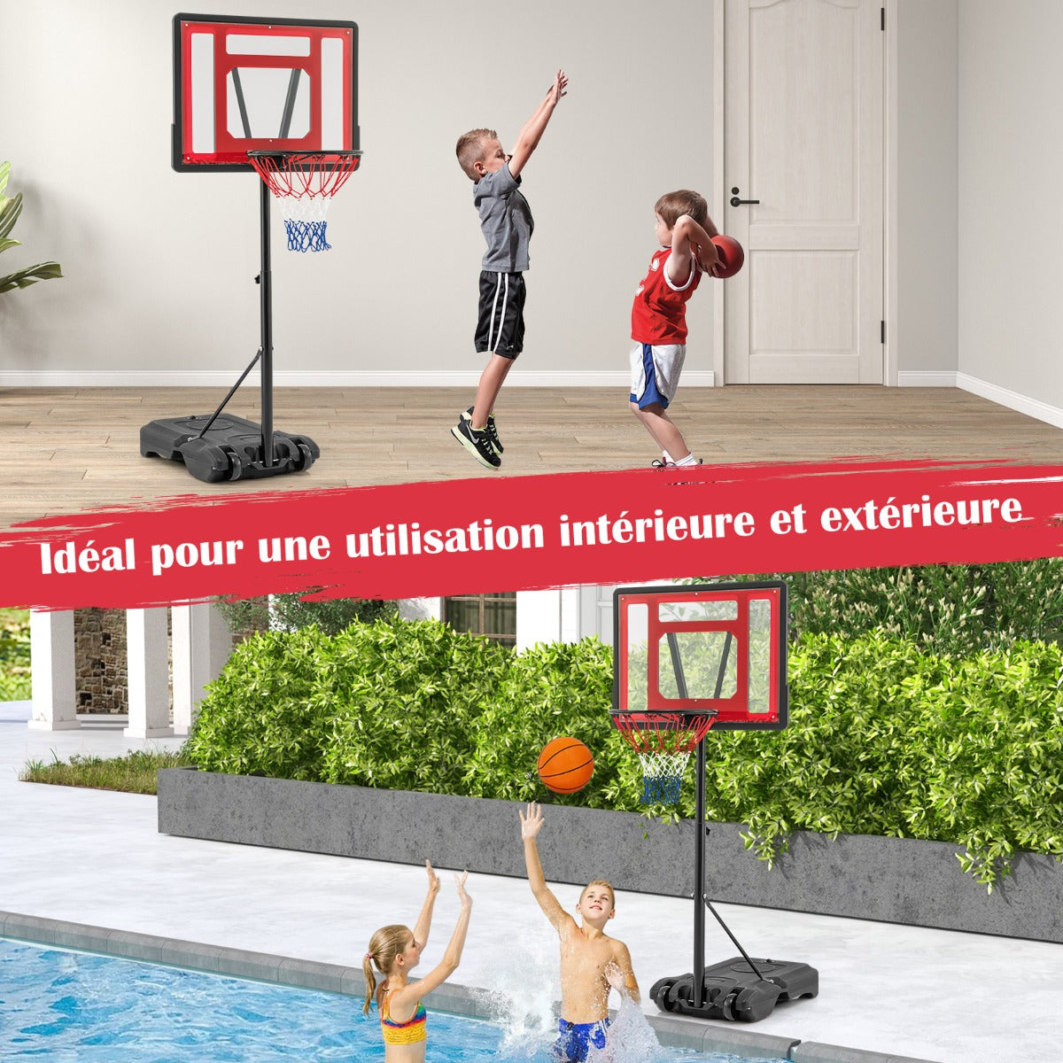 Swimming Pool Basketball Hoop Adjustable with Fillable Base and Wheels-Red