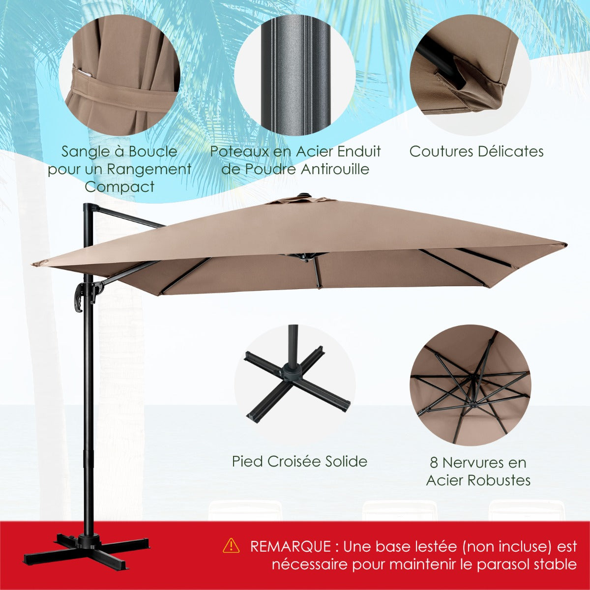 Patio umbrella with 3 tilt settings for gardens, terraces, 300 x 300 x 273 cm, coffee brown