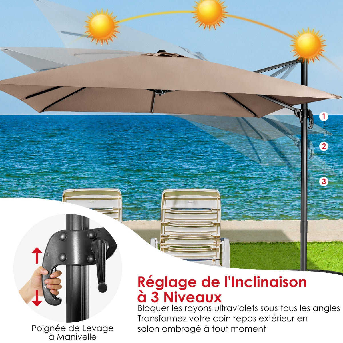 Patio umbrella with 3 tilt settings for gardens, terraces, 300 x 300 x 273 cm, coffee brown