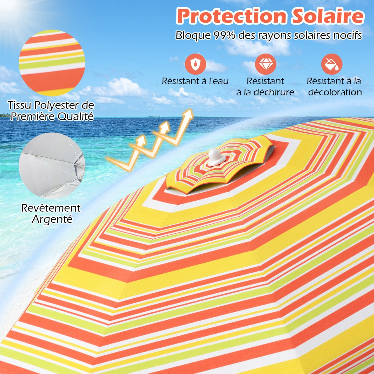 198cm Beach Umbrella with Push Button Tilt Sand Anchor Carry Bag Windproof Sun Shelter Yellow