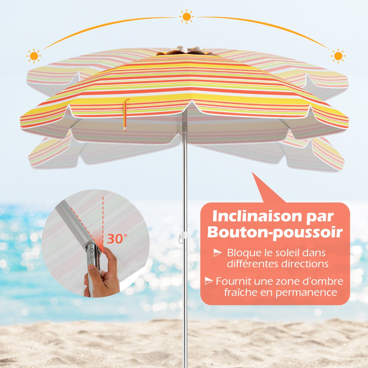 198cm Beach Umbrella with Push Button Tilt Sand Anchor Carry Bag Windproof Sun Shelter Yellow