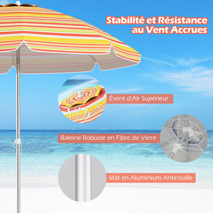 198cm Beach Umbrella with Push Button Tilt Sand Anchor Carry Bag Windproof Sun Shelter Yellow