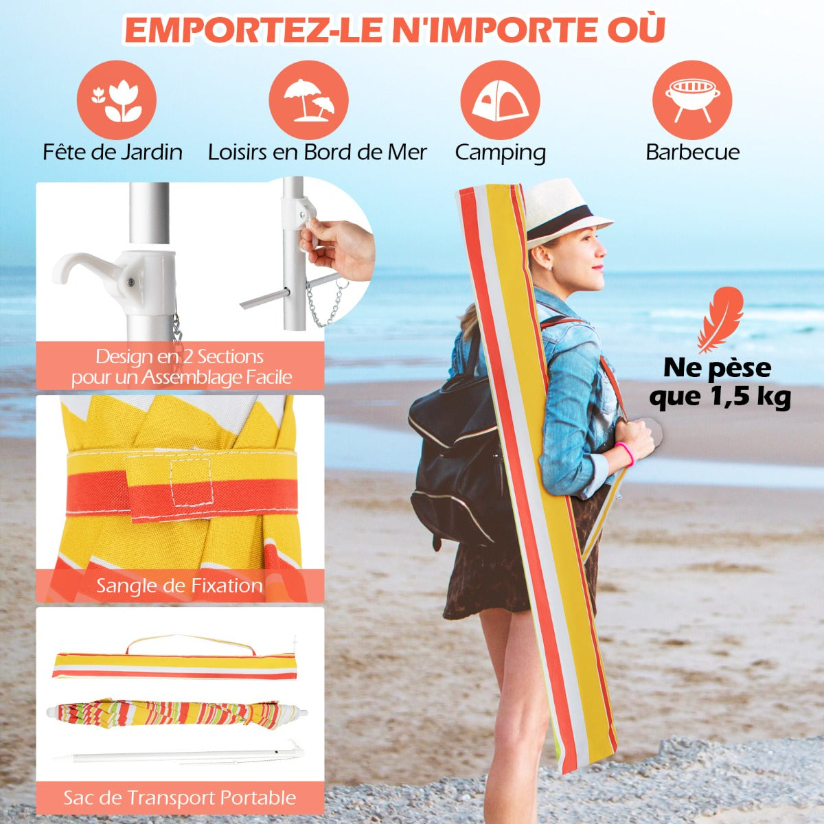 198cm Beach Umbrella with Push Button Tilt Sand Anchor Carry Bag Windproof Sun Shelter Yellow
