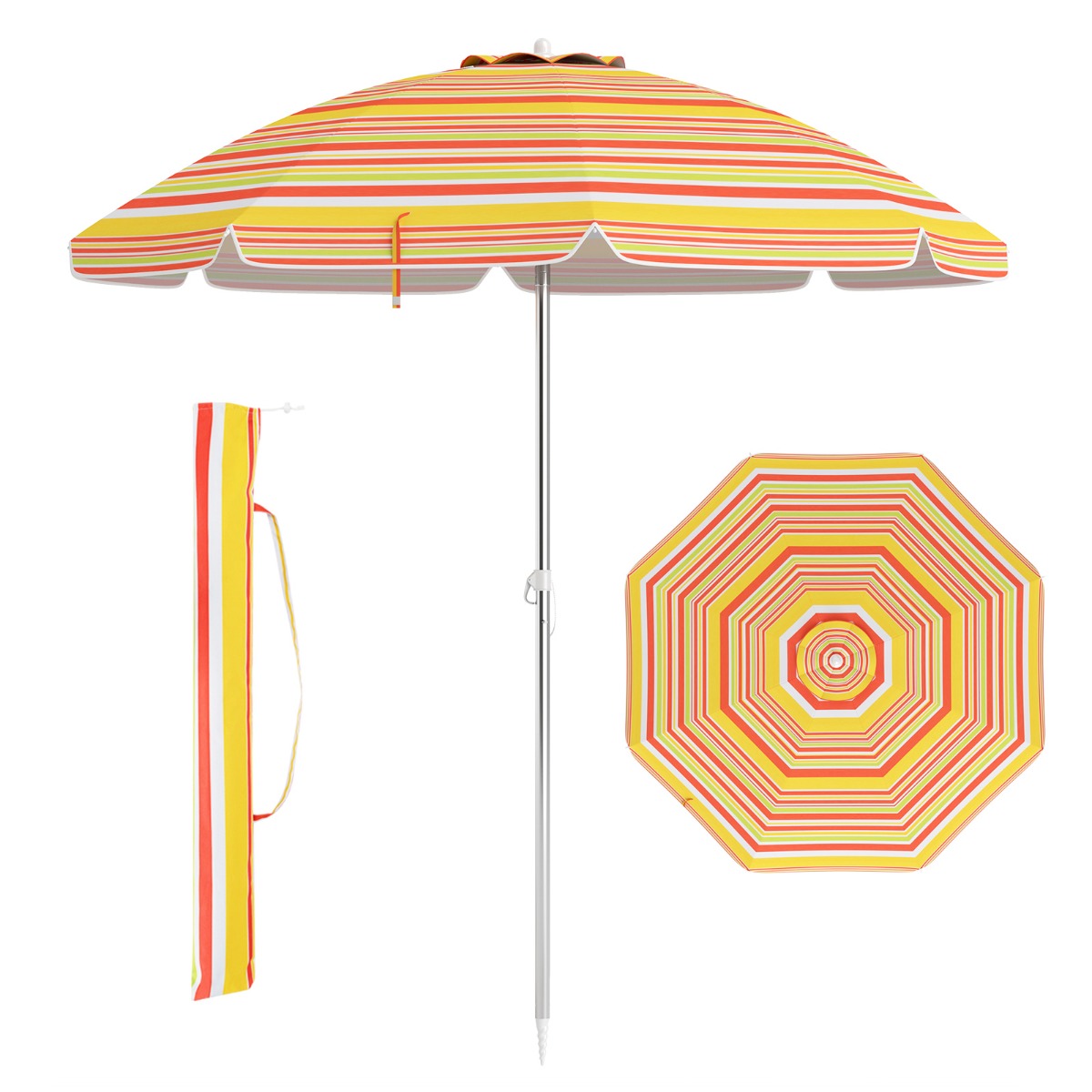 198cm Beach Umbrella with Push Button Tilt Sand Anchor Carry Bag Windproof Sun Shelter Yellow