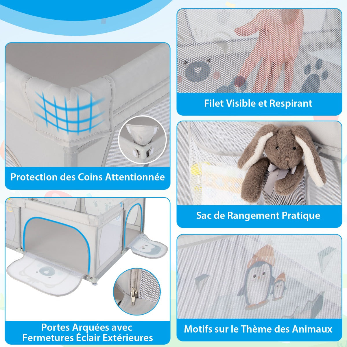 Baby Playpen with 50 Balls & 2 Doors & Breathable Net & Zipper Penguins