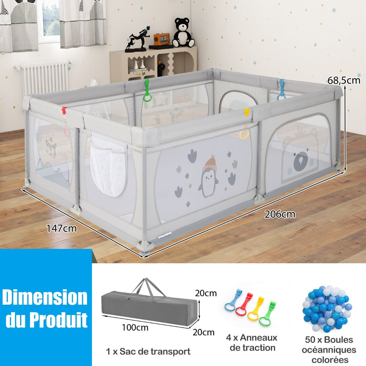 Baby Playpen with 50 Balls & 2 Doors & Breathable Net & Zipper Penguins
