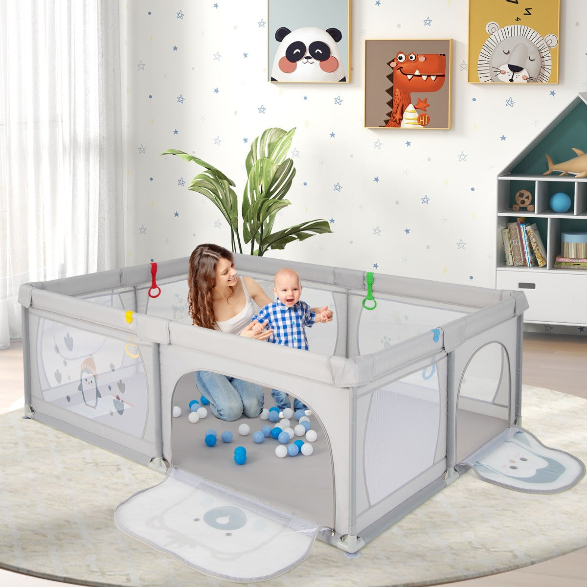 Baby Playpen with 50 Balls & 2 Doors & Breathable Net & Zipper Penguins