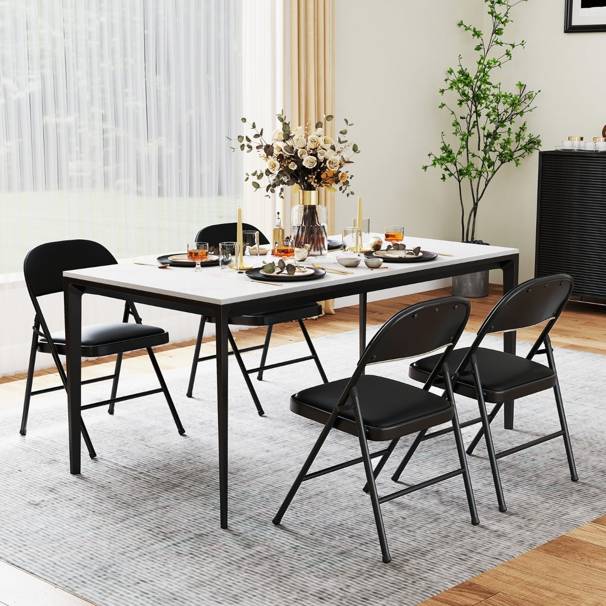 Set of 2 Folding Padded Party PVC Leather Stackable Chairs-Black