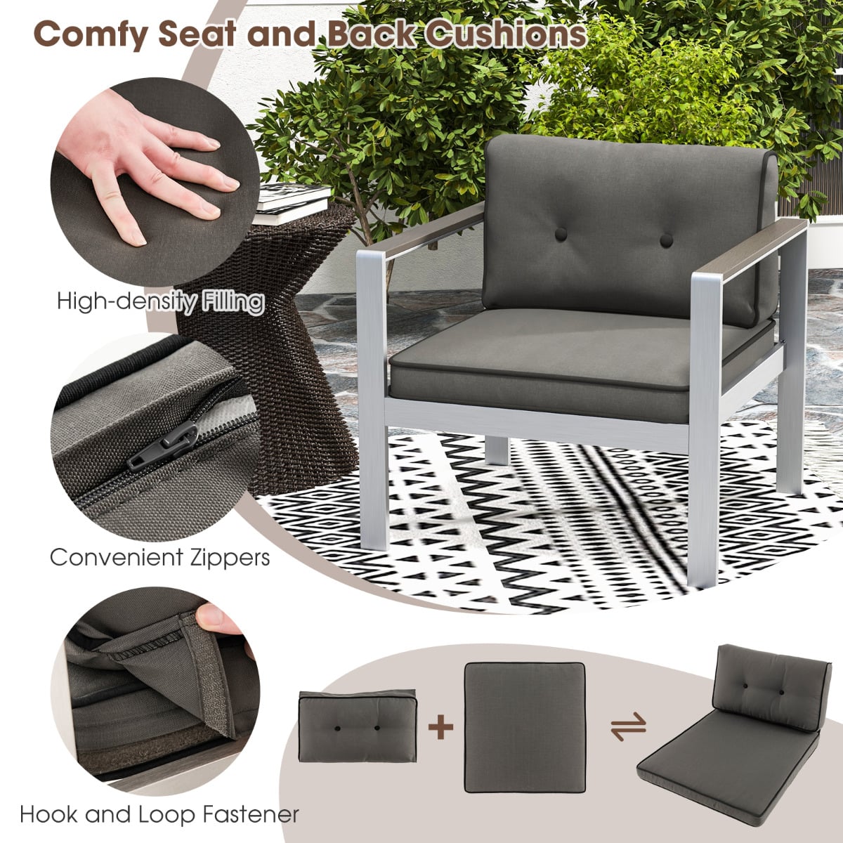 Patio Aluminum Armchair with Cushions Outdoor Sofa Chair Set of 2-Grey