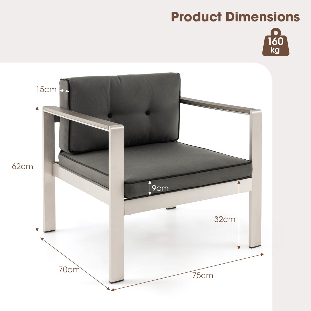 Patio Aluminum Armchair with Cushions Outdoor Sofa Chair Set of 2-Grey