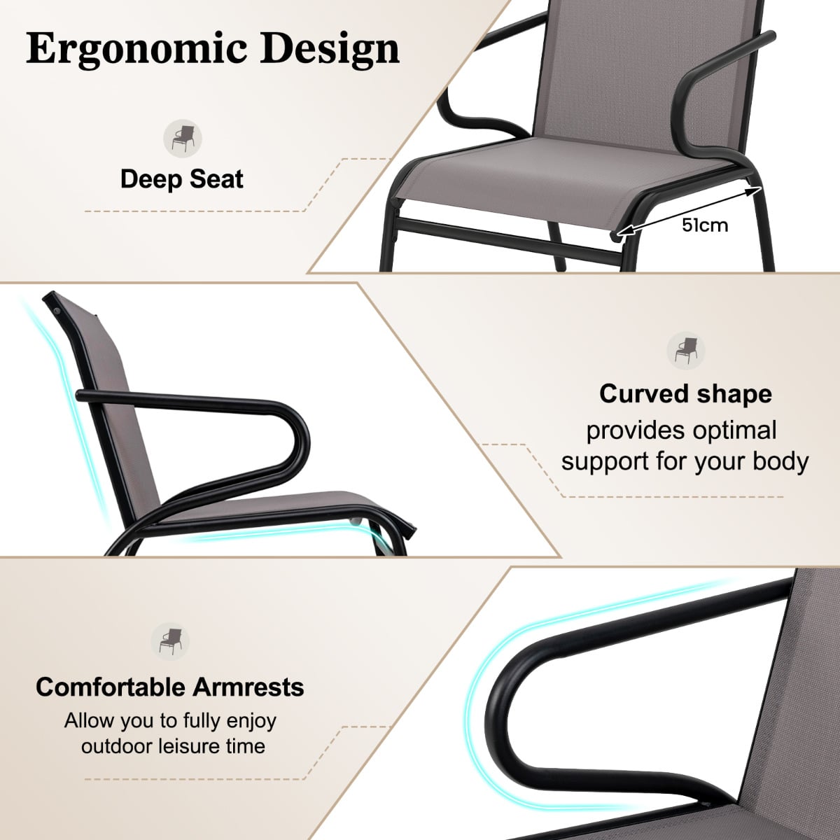 Patio Chairs Set of 2 with Breathable Fabric and Metal Frame-Grey