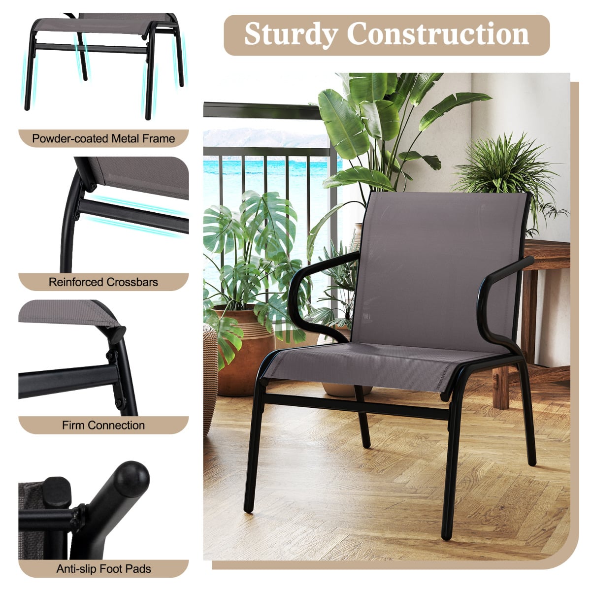 Patio Chairs Set of 2 with Breathable Fabric and Metal Frame-Grey