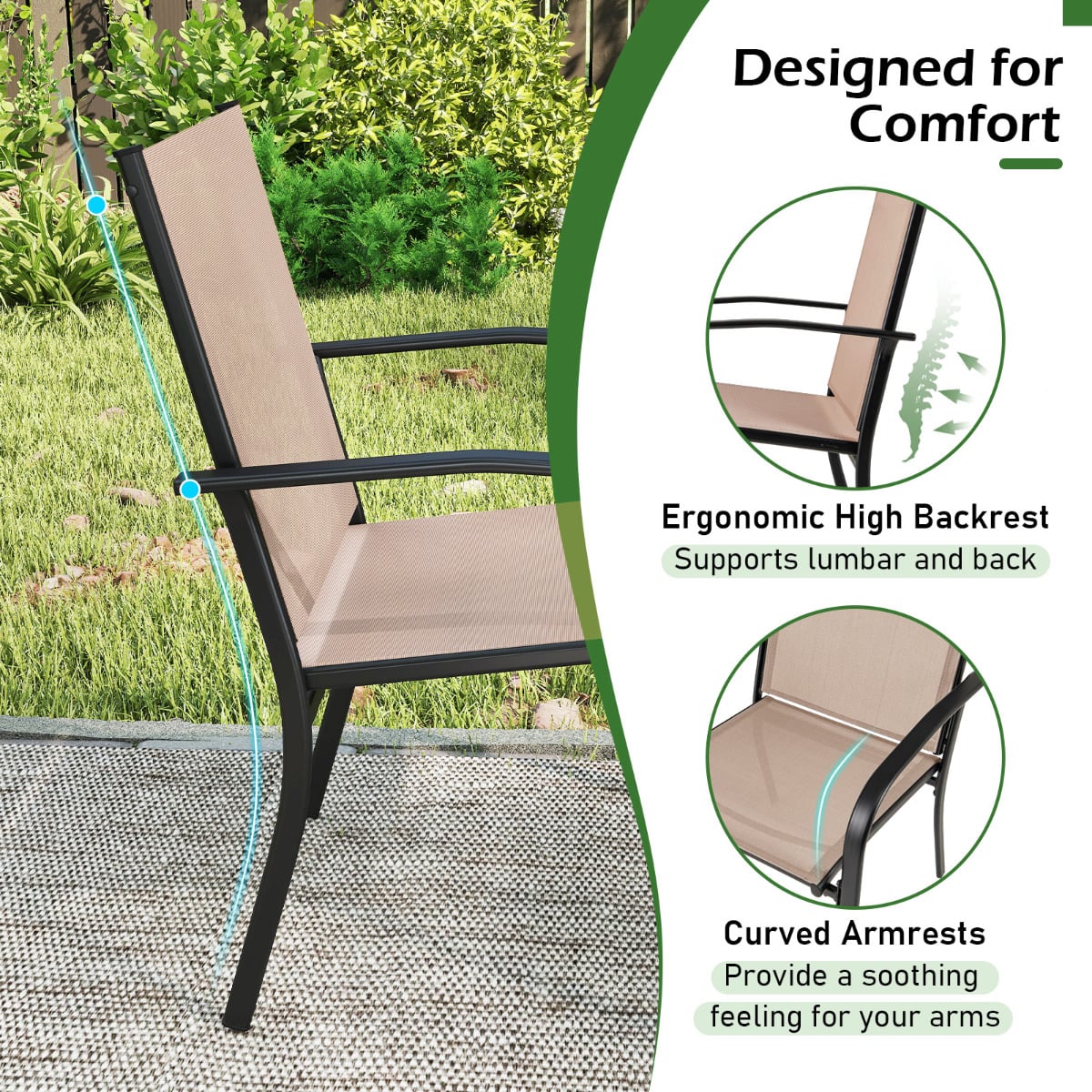 Patio Dining Chair Set of 2 with Breathable Backrest and Seat-Coffee