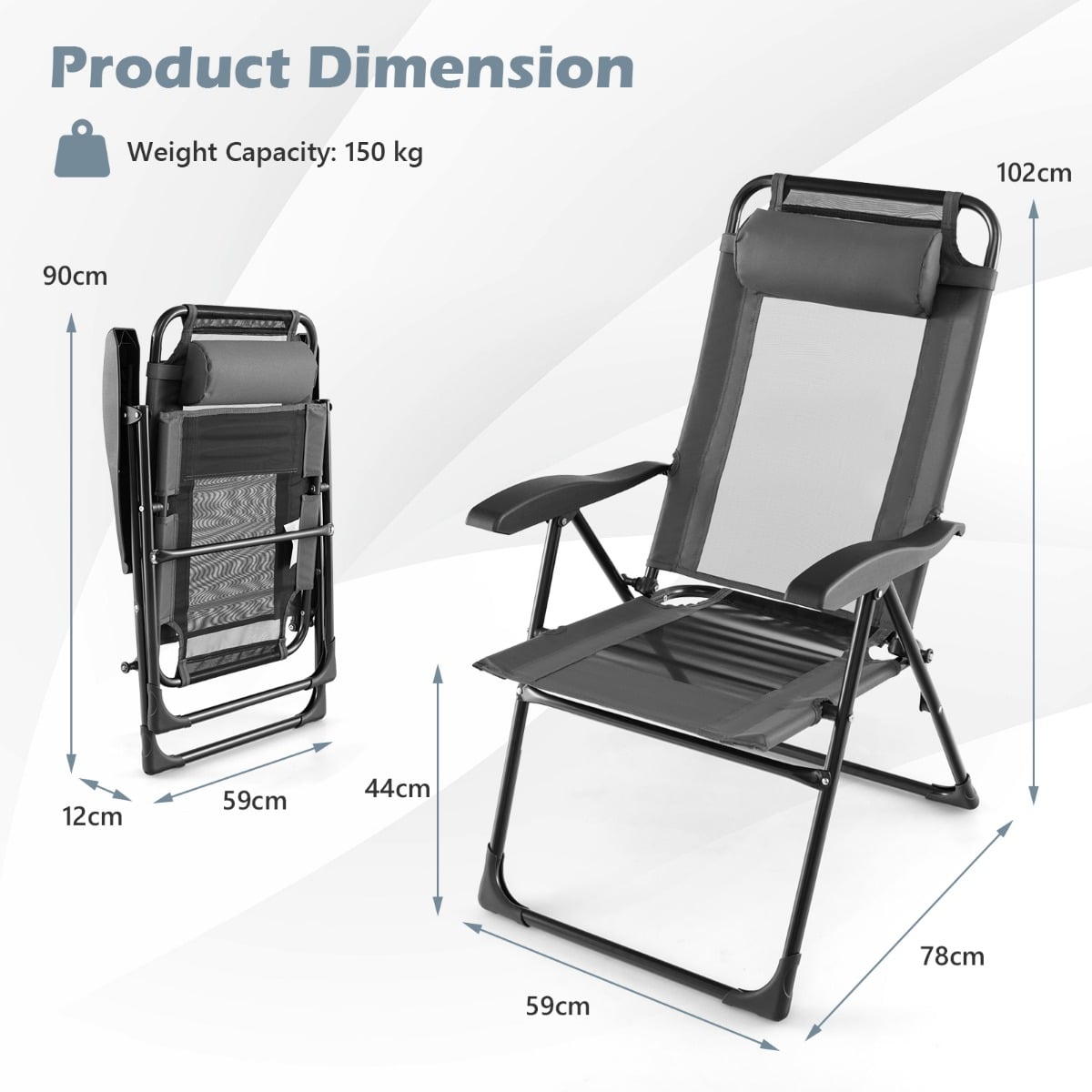 Patio Folding Chairs Set of 2 with Wide Armrests and 7-Level Backrest for Camping Backyard Garden-Grey