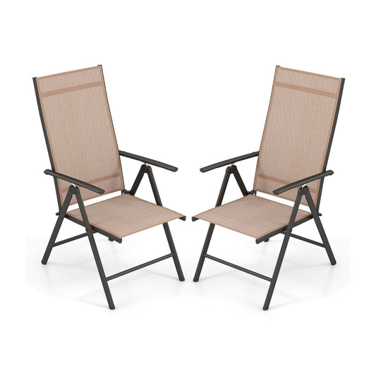 Patio Folding Dining Chairs Set of 2 with 7-Level Adjustable High Backrest-Brown