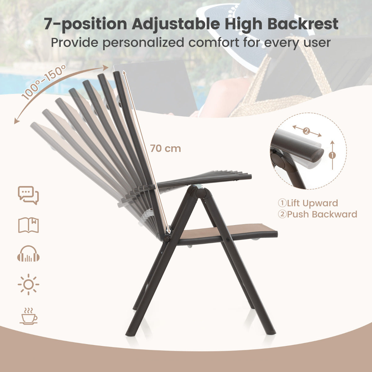 Patio Folding Dining Chairs Set of 2 with 7-Level Adjustable High Backrest-Brown