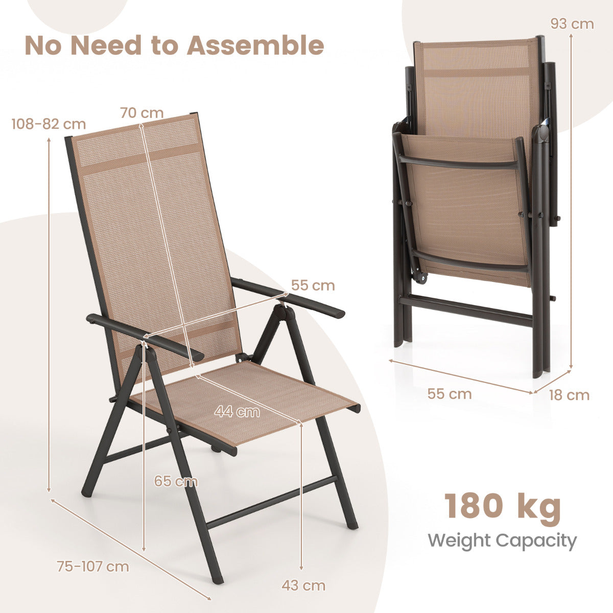 Patio Folding Dining Chairs Set of 2 with 7-Level Adjustable High Backrest-Brown