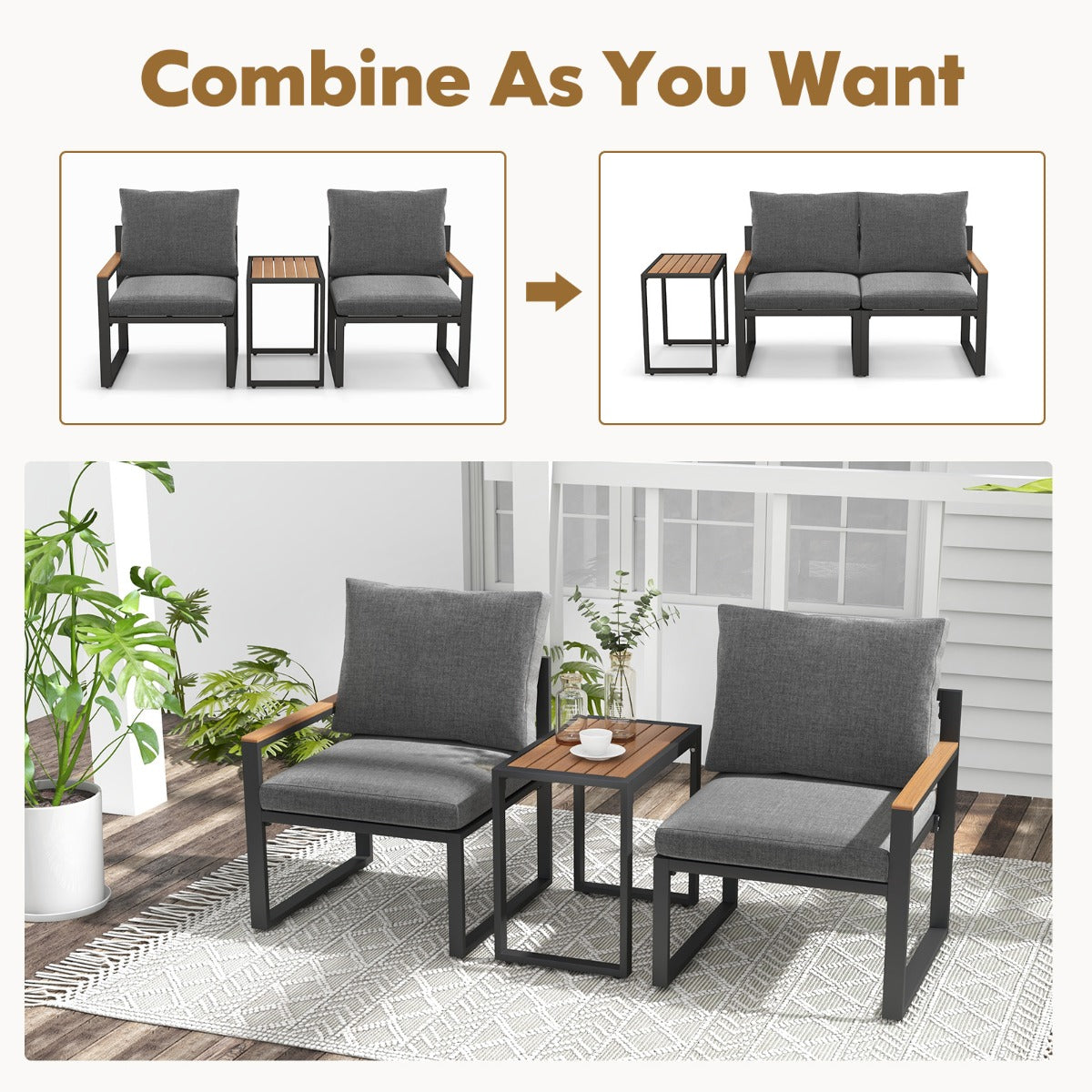 3 Pieces Patio Furniture Set with Soft Cushions for Backyard, Poolside, Porch, Balcony-Grey