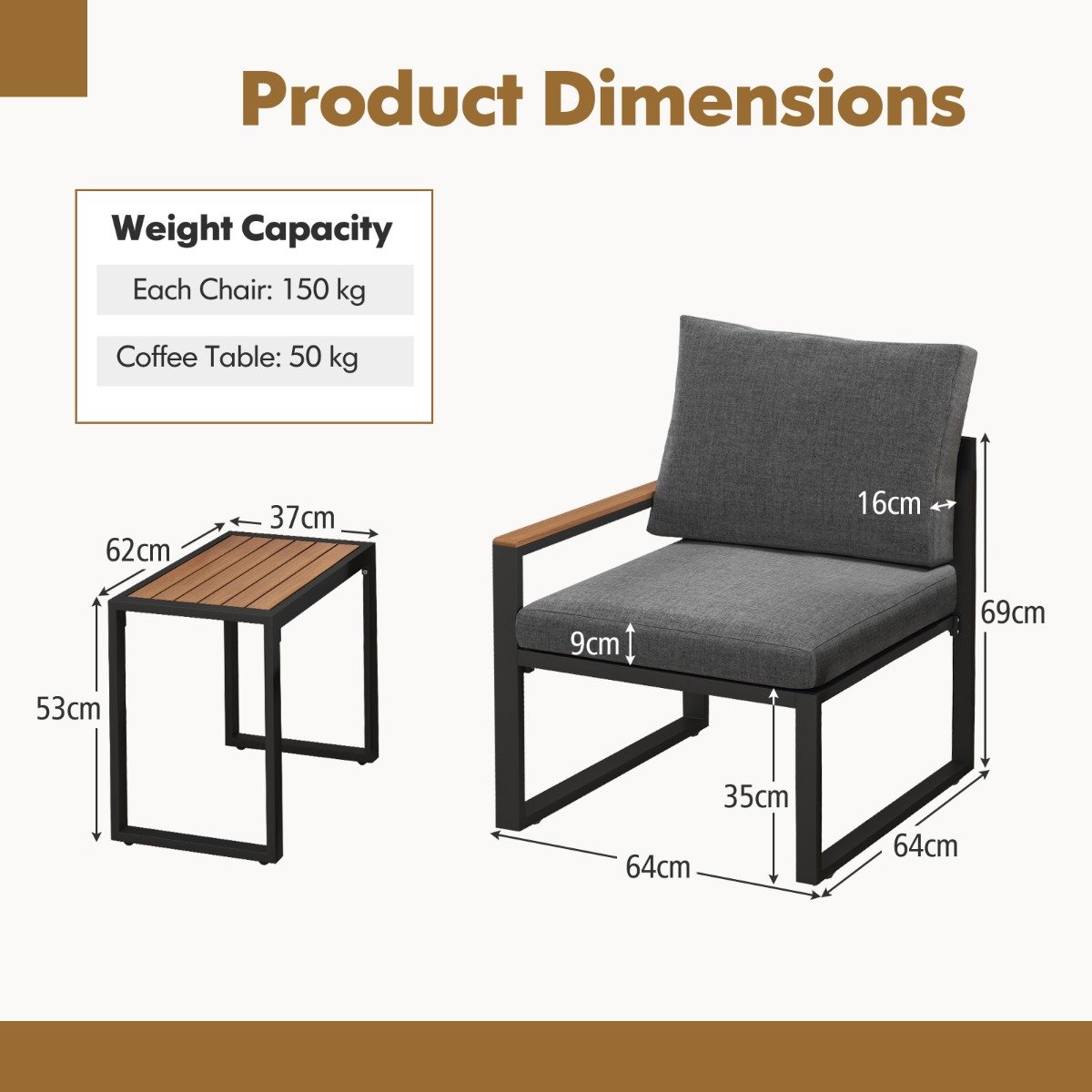 3 Pieces Patio Furniture Set with Soft Cushions for Backyard, Poolside, Porch, Balcony-Grey