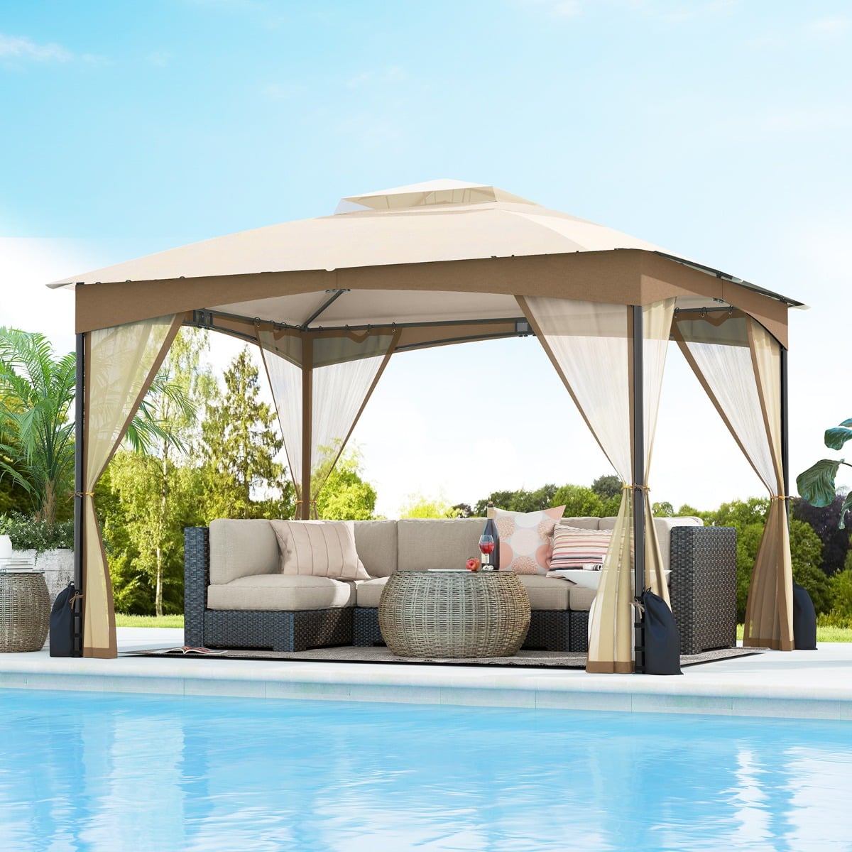 Patio Gazebo with Netting Walls Soft Top Double Roof Canopy with Sandbags-Khaki